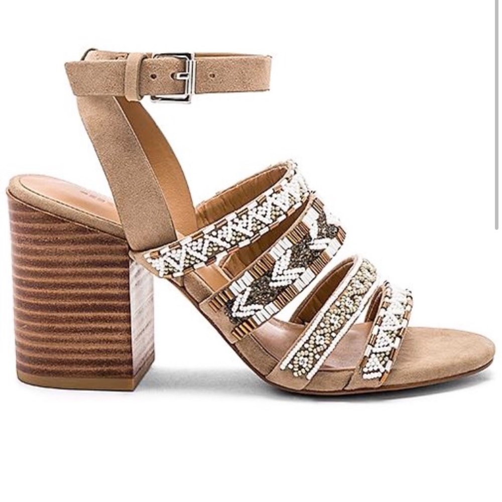 REBECCA MINKOFF Caroline Beaded Aztec multi Suede Block Heel Sandals 7